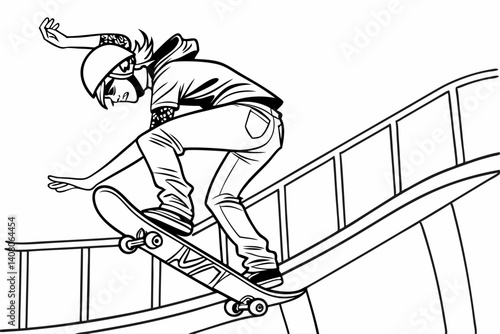 Coloring Pages, a cool skateboarder doing a trick, colorless, uncolored, black and white
