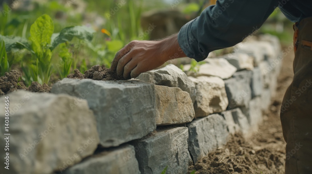 Hispanic mason constructing a stone wall for a garden. Featuring masonry and outdoor projects Hispanic mason constructing a stone wall for a garden. Featuring masonry and outdoor projects