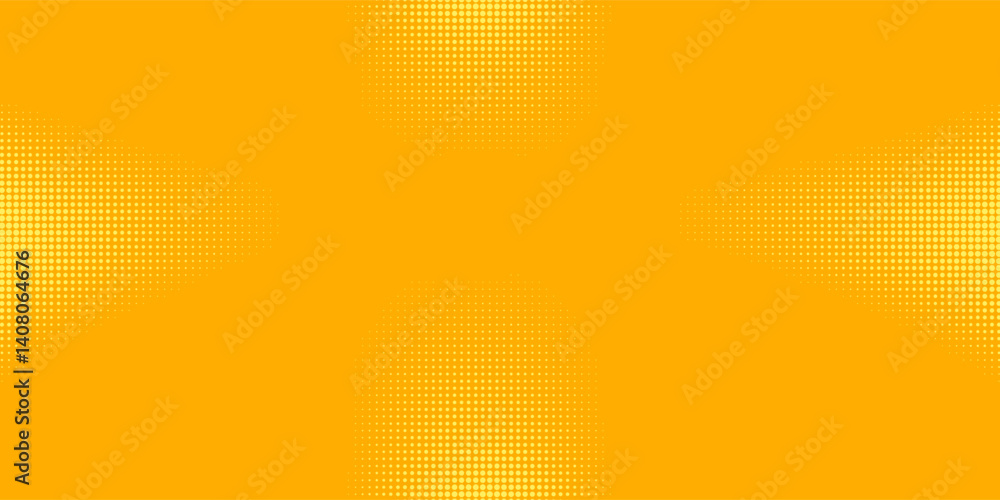 Fototapeta premium Yellow halftone pattern. Retro comic gradient background. Bright orange pixelated dotted texture overlay. Cartoon pop art faded gradient pattern. Vector backdrop for poster, banner, advertisement
