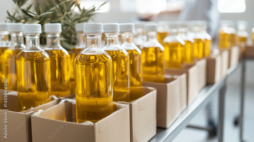 Olive oil bottles in protective dividers, seen through open boxes on rolling carts, product handling in progress