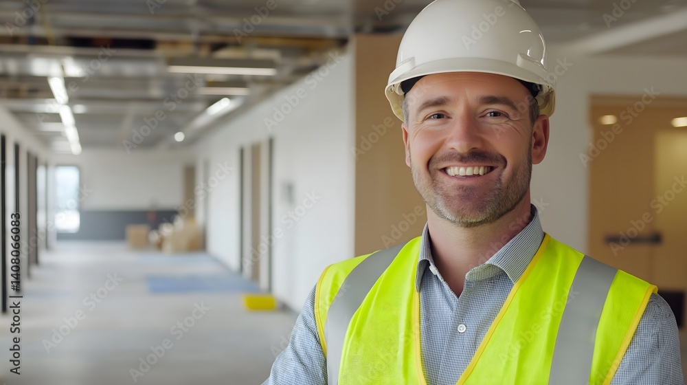 Electrical engineer wearing high-visibility vest and hard hat smiling confidently in a construction site during daytime Electrical engineer wearing high-visibility vest and hard hat smiling confidently in a construction site during daytime