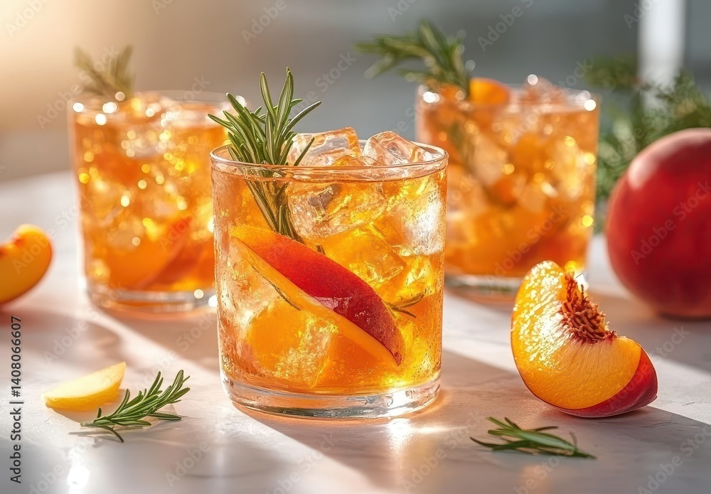 Refreshing summer cocktail with peach slices, rosemary sprigs, and ice in clear glasses on a bright countertop, perfect for gatherings and celebrations Refreshing summer cocktail with peach slices, rosemary sprigs, and ice in clear glasses on a bright countertop, perfect for gatherings and celebrations