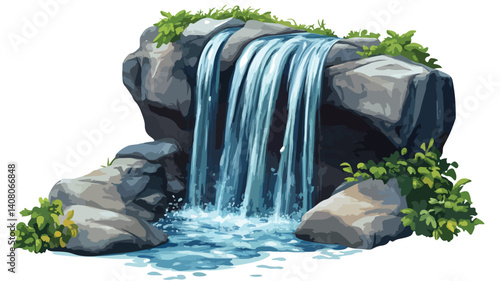 Tranquil Waterfall Flowing over Rocky Terrain in Nature Landscape