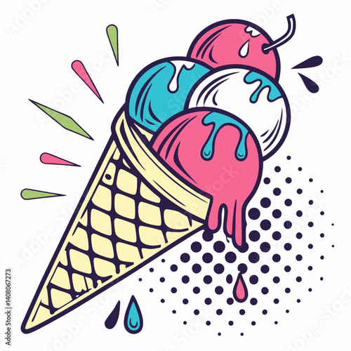 Melting Ice Cream Cone in Pop Art Style