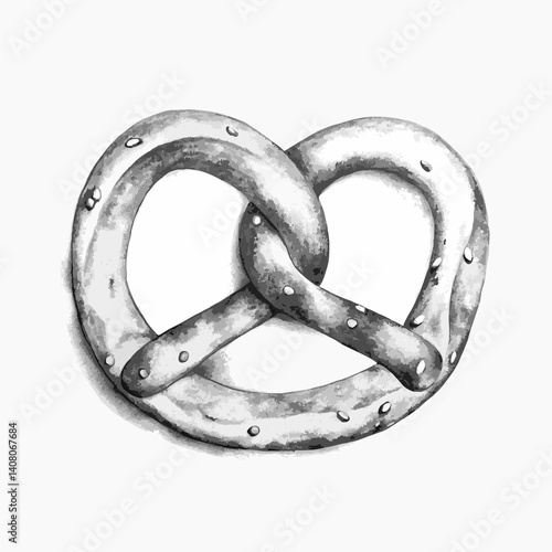 German pretzel with salt crystals in black and white sketch style. Ideal for travel blogs, food festivals, global cuisine apps, takeaway branding, or cultural infographics.  
