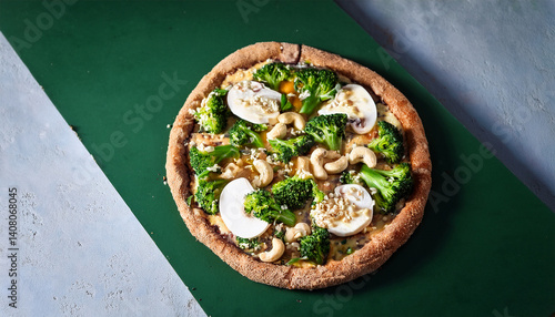 fresh homemade vegetarian pizza healthy pizza crust with wholemeal flour sesame and linseeds topping with vegetables mozzarella hollandaise sauce and cashew nuts