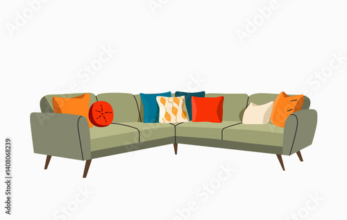 Corner sofa with pillows isolated. Vector flat style cartoon illustration