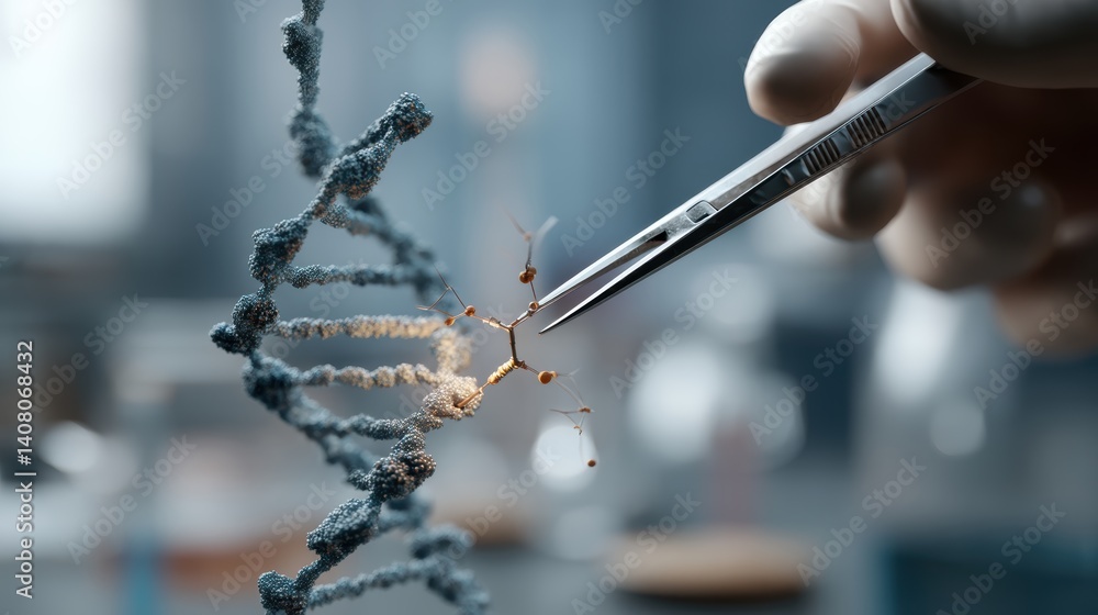A gloved hand uses precision tweezers to interact with a floating DNA strand in a scientific lab setting, representing genetic engineering and molecular research processes A gloved hand uses precision tweezers to interact with a floating DNA strand in a scientific lab setting, representing genetic engineering and molecular research processes