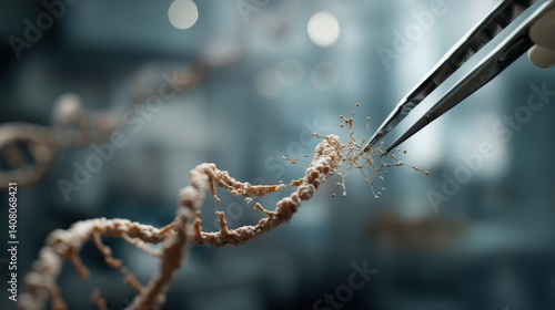 A gloved hand uses precision tweezers to interact with a floating DNA strand in a scientific lab setting, representing genetic engineering and molecular research processes