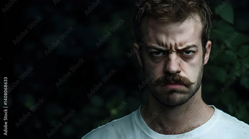 Intense Portrait of a Man with a Mustache in a Moody Green Setting with a Serious Expression Intense Portrait of a Man with a Mustache in a Moody Green Setting with a Serious Expression