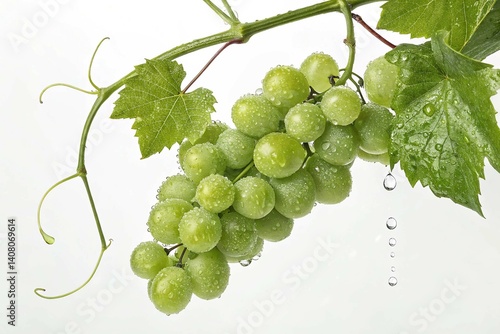 Fresh green grapes hanging on a vine isolated on white background.