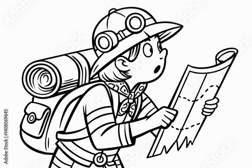 Coloring Pages, a curious explorer with a backpack and a map, colorless, uncolored, black and white