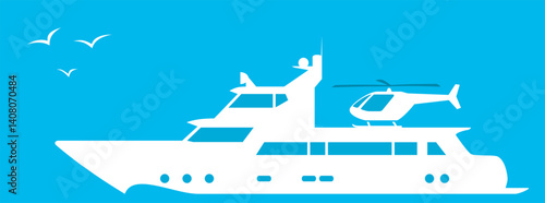 Ship with helicopter vector illustration. White silhouette of motorboat on blue background