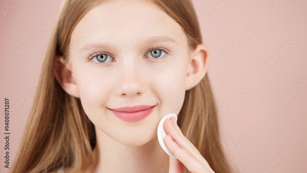 Close-up portrait of smiling young girl using cotton pad in studio on pink background. Adorable Caucasian girl using cotton round cleansing skin. Concept of skin care advertising for teens. Copy space Close-up portrait of smiling young girl using cotton pad in studio on pink background. Adorable Caucasian girl using cotton round cleansing skin. Concept of skin care advertising for teens. Copy space