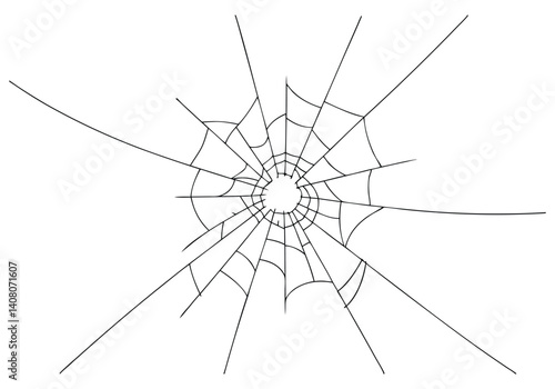 High contrast black and white illustration of cracked glass with bullet holes and radiating spiderweb-like fracture patterns

