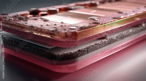 A detailed close-up of a pinkish layered synthetic material block featuring embedded electronic circuits and textures resembling microchips and substrate components
