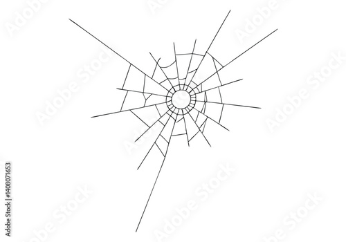 High contrast black and white illustration of cracked glass with bullet holes and radiating spiderweb-like fracture patterns

