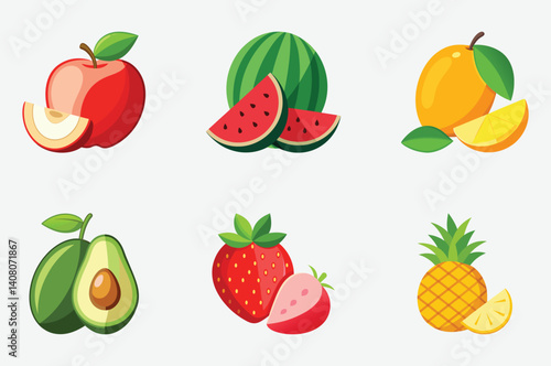Set of colorful fruits apple watermelon mango avocado strawberry and pineapple