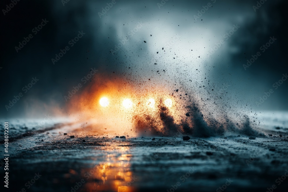Fototapeta premium Car speeding on a wet road at dusk, creating splashes of mud and dust against a backdrop of dim lights