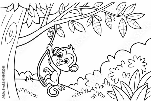 Coloring Pages, a curious monkey swinging from a vine, uncolored, black and white