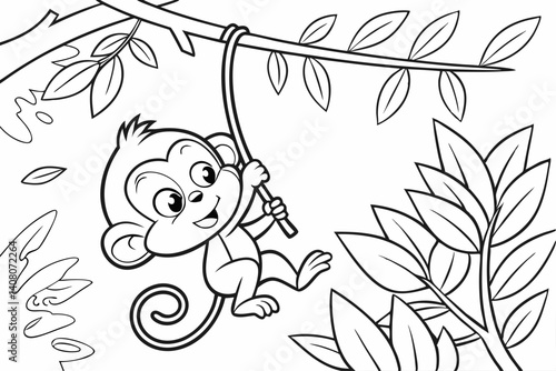 Coloring Pages, a curious monkey swinging from a vine, uncolored, black and white