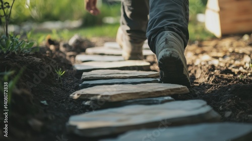 Wallpaper Mural Hispanic mason installing a stone walkway in a garden. Featuring masonry and landscaping Torontodigital.ca