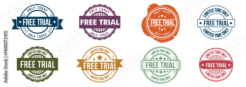Collection of Colorful Free Trial Stamp and Seal Vector Icons