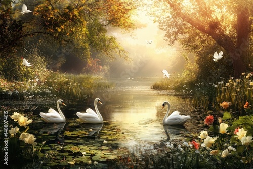Tranquil morning in a serene garden with swans and blooming flowers