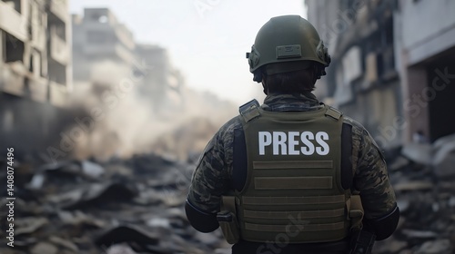 A press correspondent, wearing a green helmet and olive-green tactical vest emblazoned with the word PRESS