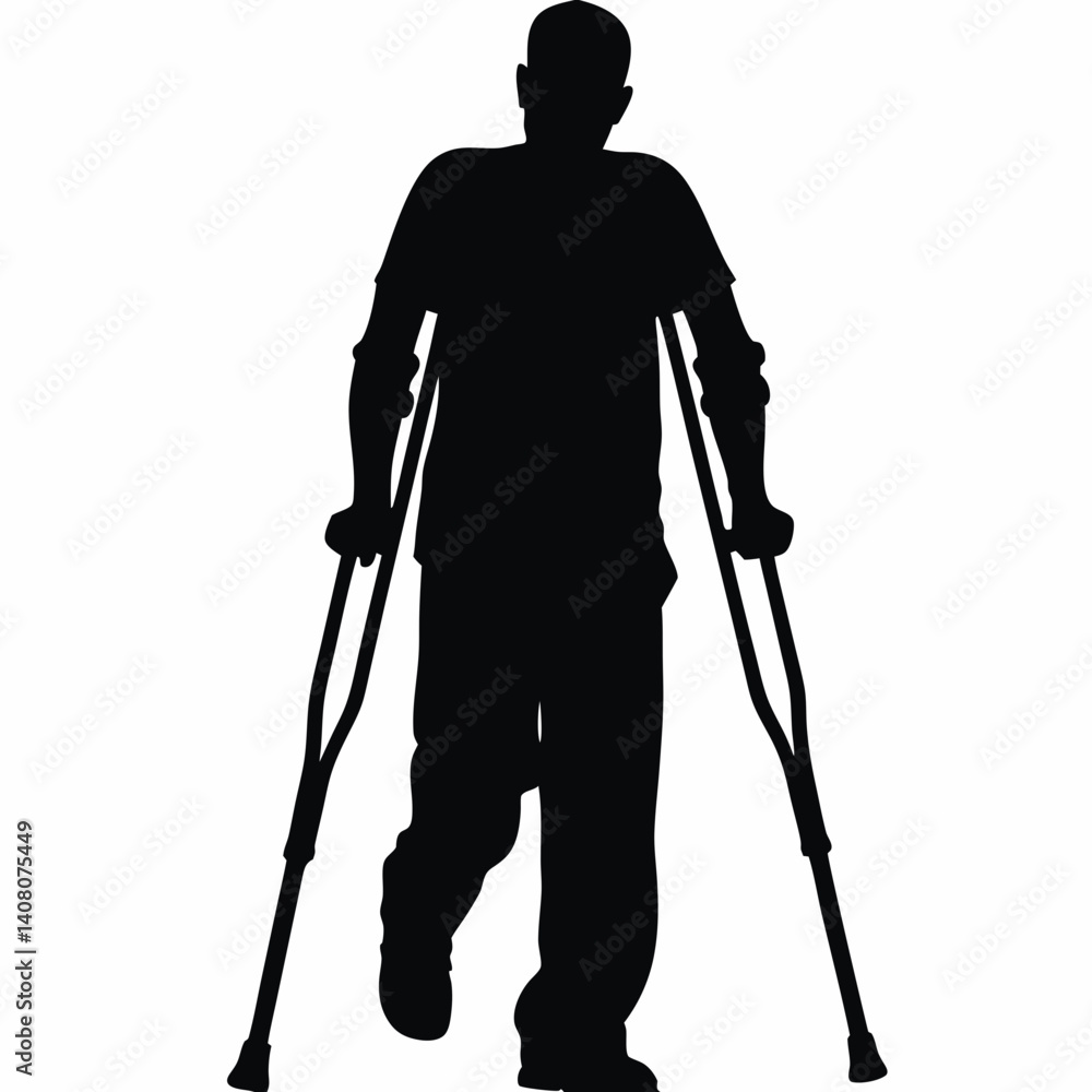 Silhouette of man using crutches walking forward Silhouette of man using crutches walking forward