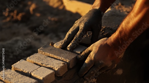 Hispanic mason laying bricks for a house exterior. Featuring masonry and home construction