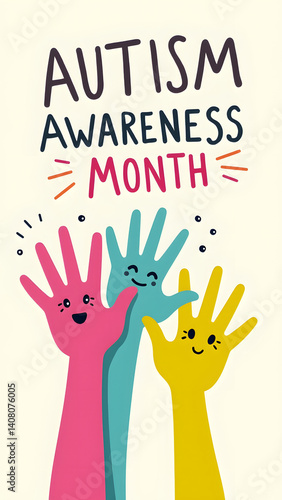 Cartoon hands with smiley palms for Autism Awareness Month. Handwritten wobbly text and doodles. Playful and joyful.