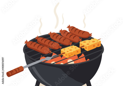 Grilled sausages and cheese on a charcoal grill. A delicious summer barbecue scene, perfect for food advertising or lifestyle imagery.