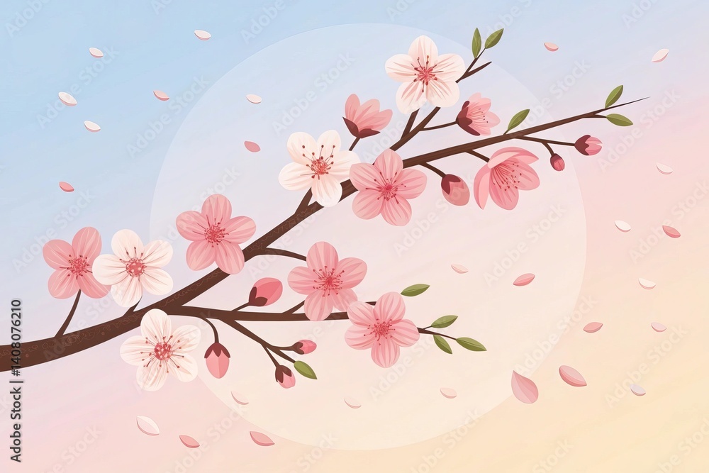 Fototapeta premium Spring blossoms create a serene atmosphere with soft pastel colors and falling petals in a modern flat design