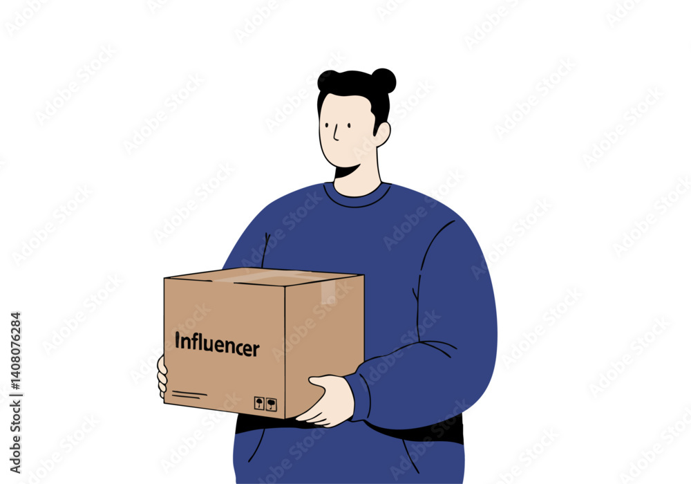 A young Asian man carries a cardboard box labeled 'Influencer'. Simple, flat illustration style. Suitable for social media, marketing, or influencer content. A young Asian man carries a cardboard box labeled 'Influencer'. Simple, flat illustration style. Suitable for social media, marketing, or influencer content.