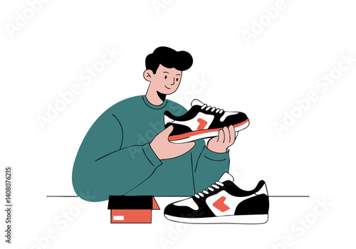A young man admires his new sneakers. Stylish illustration with a clean, modern aesthetic. Perfect for fashion, lifestyle, or advertising concepts.