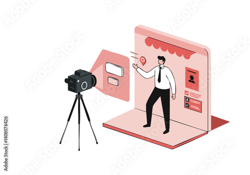 A man presents a business profile on a screen, using a camera. Clean, modern style. Ideal for concepts of online presence, marketing, and digital identity.