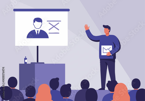 A man presents to an audience, gesturing confidently. A screen displays a profile icon. Business presentation, public speaking, and leadership concept.