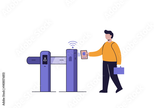 A man swipes a card at a turnstile, accessing a building. Modern, clean design. Ideal for access control, security, or commuting concepts.