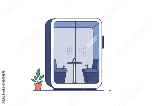 Modern phone booth provides a private, quiet workspace. Features a table, chairs, and plant. Ideal for focused work or calls. Clean, minimalist design.