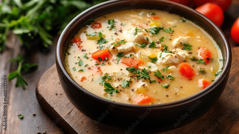 tasty chicken pot pie soup tastes just like the pie without having to make a crust closeup on the wooden board on the table horizontal top view from above,stock photo tasty chicken pot pie soup tastes just like the pie without having to make a crust closeup on the wooden board on the table horizontal top view from above,stock photo