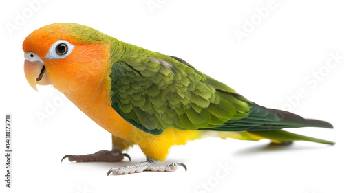 A green and yellow parrot is standing on a white background. The bird has a bright orange beak and is looking at the camera