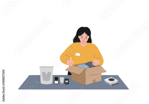 A young woman unpacks a cardboard box filled with skincare products on a table. Casual clothing, focused expression, clean studio setting. Ideal for beauty, skincare, or subscription box concepts.