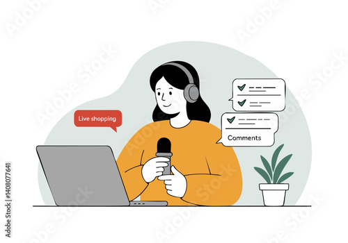 A smiling woman with black hair hosts a live shopping stream on her laptop, engaging with comments. Warm tones, modern style, perfect for e-commerce and online retail visuals.
