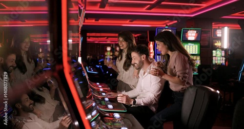 Friends Celebrate Winning Jackpot on Slot Machine at Casino