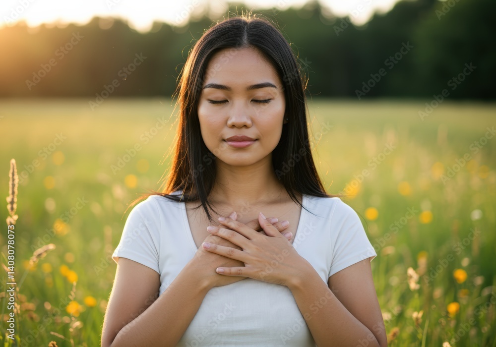 A serene asian woman embraces a moment of peace with closed eyes and hands over her heart.