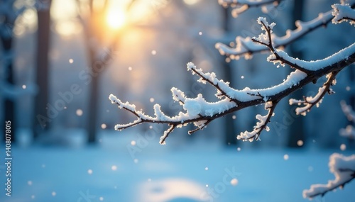 Snowflakes gently falling on a bare winter tree, serene, frost