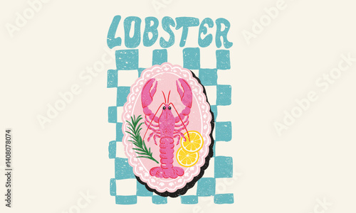 Seafood club. Lobster fish artwork for t shirt print, poster, sticker and other uses. Lobster design. Fish vintage artwork. Lemon with prawn design.