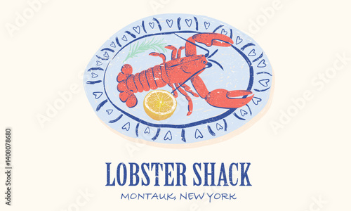 Lobster platter vintage artwork. Lemon design. Stay salty. Seafood club. Lobster fish artwork for t shirt print, poster, sticker and other uses.