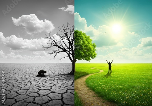A visually stunning depiction showing the contrast between hope and despair in a vibrant landscape.